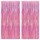 2 Pack Glitter Pink Backdrop, 3.28 FT x 7.05 FT Birthday Party Decorations, Laser Pink Fringe Curtains Foil Streamer Tinsel, Pink Curtains Photo Backdrop Happy Birthday Backdrop