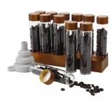 Coffee Espresso Bean Storage Tubes Set 12pcs 60ml Airtight Glass Single Bean Coffee Storage Tube with Bamboo Lids & Walnut 12-Slot Stand, Espresso Container with Funnel & Labels for Barista