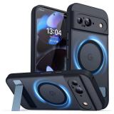 CANSHN Magnetic for Google Pixel 9 Case(6.3") with Durable Metal Stand, Upgraded [Full Camera Protection] Translucent Matte Back, Hard Case Cover, Black