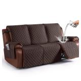 KinCam Waterproof Recliner Sofa Cover, Non-Slip Reclining Couch Covers for 3 Seat, Recliner Couch Cover Furniture Protector with Elastic Straps for Pets, Kids, Chocolate