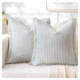 MIULEE Pack of 2 Light Blue Pillow Covers 18x18 Inch Striped Farmhouse Couch Spring Spring Throw Pillow Covers with Fringe Chic Cotton Decorative Cushion Covers for Sofa Living Room Bed Home Decor