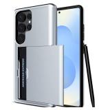 Jiunai for Samsung Galaxy S25 Ultra Case Wallet Card Holder for 2 Card ID CC License Slide Hidden Pocket Slot Hybrid Protective Phone Cover for Samsung Galaxy S25 Ultra 6.9 2025 Women Men Silver