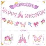 GZDUCK Princess Happy Birthday Banner for Girls- Pink Princess Birthday Party Decorations, Pink Happy Birthday Banner with Castle, Crown for Girl 1st 2nd 3rd Birthday Baby Shower Decorations - Retail: