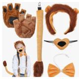 Lion Costume Accessories Set 6 Pieces Including Ears Headband Tail Nose Bowknot and Gloves for Halloween Jungle Animal Cosplay and Photo Booth Props