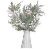Riceshoot 14 Pcs Snowy Frosted Pine Branches 15.8\' Christmas Picks and Sprays Cedar Artificial Flocked Berries Greenery Stems Winter Wonderland Party Decorations for Xmas Garland Wreath(White)