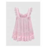 RoseSeek Women's 2 Piece Lace Mesh Babydoll Lingerie Set Sheer Chemise Nightgowns with Thongs Sleepwear Pink Small