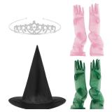 4 Pcs Witch Hat and Princess Crown Set with Gloves Halloween Costume Green Pink Party Favors