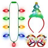 Blowata Christmas Party Favors, 3PCS Light Up Christmas Necklace Headband Glasses Set, Xmas Bulb Necklace Xmas Tree Lights Holiday Headbands LED Flashing Santa Eyeglasses Bulk for Xmas Gift
