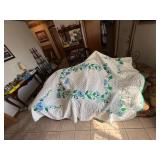 Hand Stitched Blue Flowers Full Size Quilt--FR