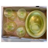 5 Plates Uranium Swirl Pattern Glass & 4 Fenton Sherbet Glass Dishes-BP