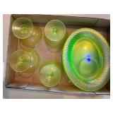 5 Plates Uranium Swirl Pattern Glass & 4 Fenton Sherbet Glass Dishes-BP