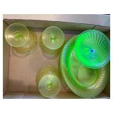 5 Plates Uranium Swirl Pattern Glass & 4 Fenton Sherbet Glass Dishes-BP