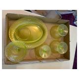 5 Plates Uranium Swirl Pattern Glass & 4 Fenton Sherbet Glass Dishes-BP