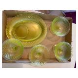 5 Plates Uranium Swirl Pattern Glass & 4 Fenton Sherbet Glass Dishes-BP