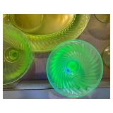 5 Plates Uranium Swirl Pattern Glass & 4 Fenton Sherbet Glass Dishes-BP
