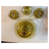 Amber Depression Madrid Glassware (2x lids "one chipped", 3 candle holders "one chipped", butter dish)--BP