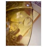 Amber Depression Madrid Glassware (2x lids "one chipped", 3 candle holders "one chipped", butter dish)--BP