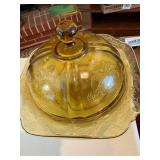 Amber Depression Madrid Glassware (2x lids "one chipped", 3 candle holders "one chipped", butter dish)--BP