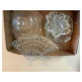 Various Glassware x6 pcs. (butter dish, fan & 3 small leaf bowls)--BP