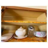 Shelf of Glassware (Candy Jar & Metal Bowl)--K