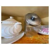 Shelf of Glassware (Candy Jar & Metal Bowl)--K