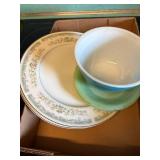 Collectible Pieces of Glass x6 (Roseville Plate, Alberon Plate, Fire King Saucers x3, Small Blue Pyrex)--K