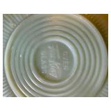 Collectible Pieces of Glass x6 (Roseville Plate, Alberon Plate, Fire King Saucers x3, Small Blue Pyrex)--K