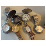 Wrist Watches, Pocket Watches, Eye Glasses w/ Cases in Vintage Make-up Case--BP