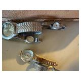 Wrist Watches, Pocket Watches, Eye Glasses w/ Cases in Vintage Make-up Case--BP