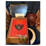 Treasure of Czars Book, Wall Shelf, Carved Tusk Horn & Acrylic Butterfly--LR