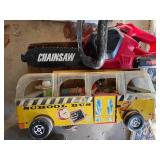 Vintage Fisher Price School Bus w/ People & Toy Chainsaw--Gar