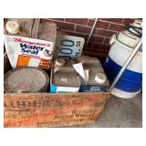 Wooden Whiskey Box w/ Miscellaneous Shop Cleaners -- Gar