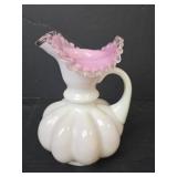 Fenton Silver Crest Melon Pitcher: Pink with White Overlay, Ruffled Glass Pitcher