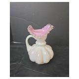 Fenton Silver Crest Melon Pitcher: Pink with White Overlay, Ruffled Glass Pitcher