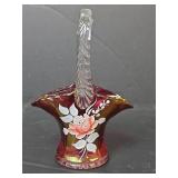 1976 Westmoreland Cranberry Glass Basket with Hand-Painted Roses