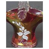 1976 Westmoreland Cranberry Glass Basket with Hand-Painted Roses