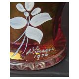 1976 Westmoreland Cranberry Glass Basket with Hand-Painted Roses