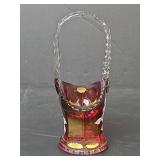 1976 Westmoreland Cranberry Glass Basket with Hand-Painted Roses