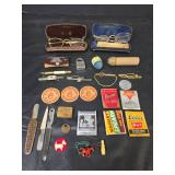 Mid-Century Advertising Matchbooks, Ties Clips, Milk Bottle Tops, Eye Glasses, and Cracker Jack Toys