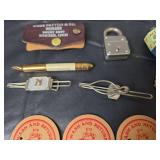 Mid-Century Advertising Matchbooks, Ties Clips, Milk Bottle Tops, Eye Glasses, and Cracker Jack Toys