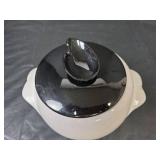 Vintage Frankoma 4V White Covered Bean Pot with Black Lid