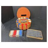 Triumph Poker Chip Set with Orange Leather Case and Vintage Domino