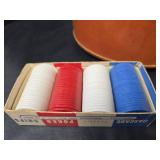 Triumph Poker Chip Set with Orange Leather Case and Vintage Domino