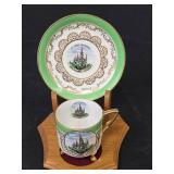 Teapot with Daisy Pattern, 2 Cups with Saucers, and 2 Wooden Stands