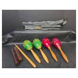 Mexican Maracas Set, Folding Music Stand, and other Wood Instruments