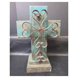 Decorative Turquoise Wood and Metal Cross 12in tall