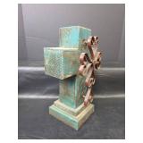 Decorative Turquoise Wood and Metal Cross 12in tall