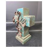 Decorative Turquoise Wood and Metal Cross 12in tall