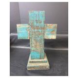 Decorative Turquoise Wood and Metal Cross 12in tall