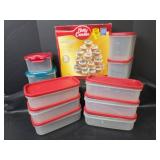 Food Storage Containers with Red Lids and Betty Crocker Cupcake Stand